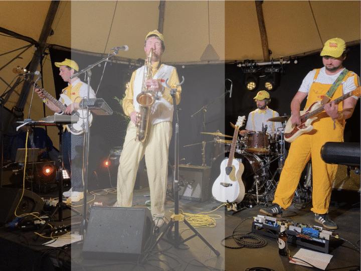 Rock group on stage, with overlay on central third of image